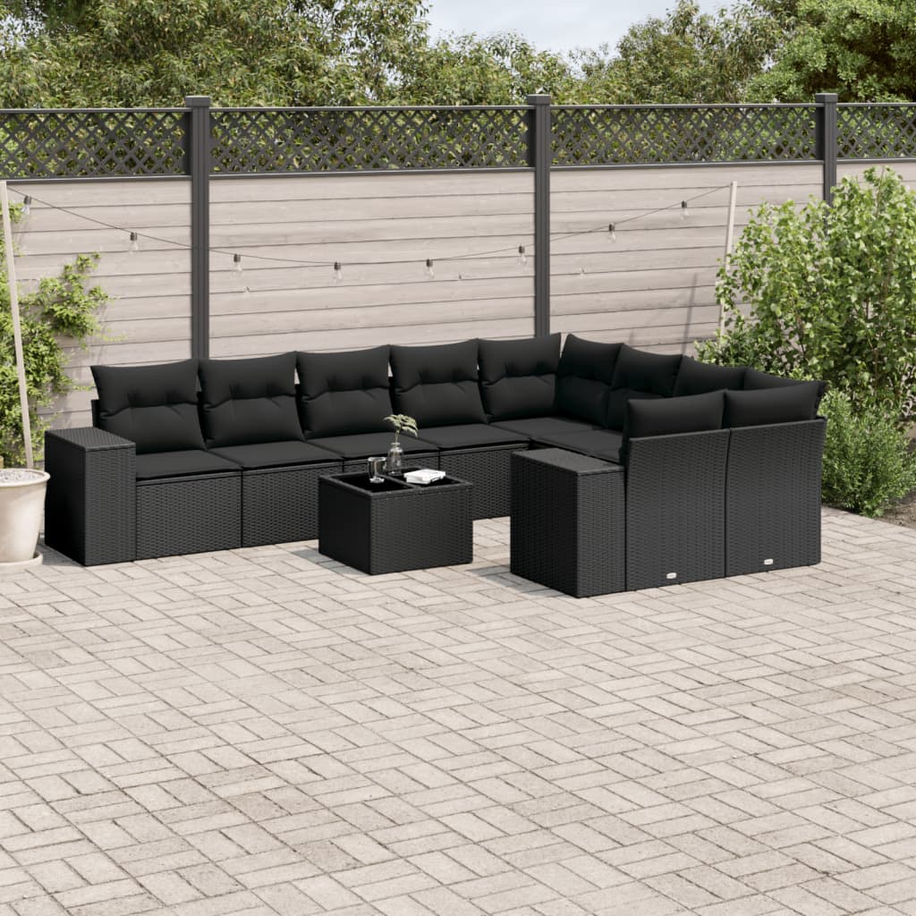 10-delige Loungeset met kussens poly rattan zwart – afbeelding 1