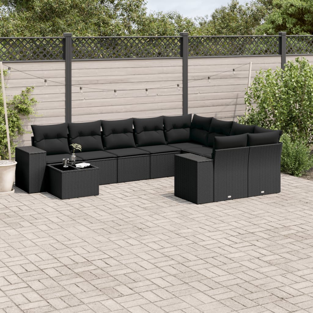 10-delige Loungeset met kussens poly rattan zwart – afbeelding 1