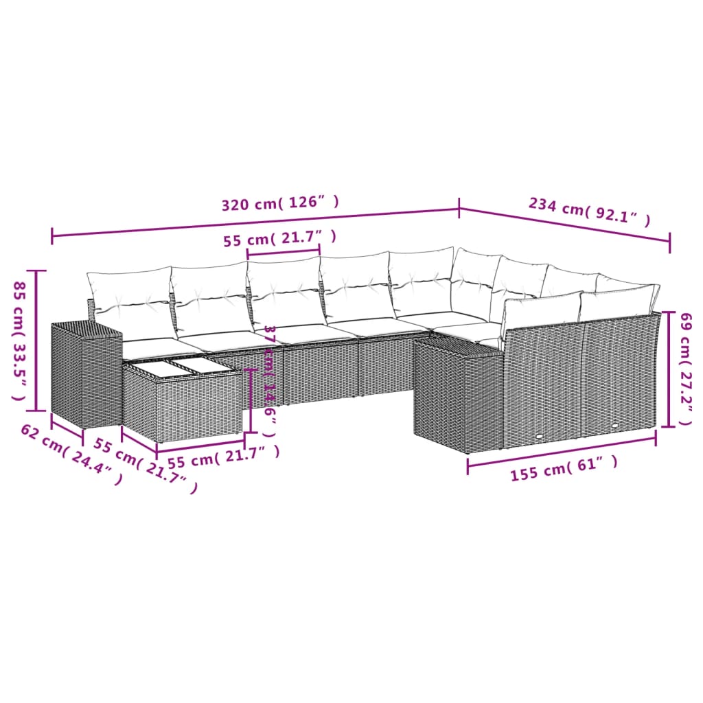 10-delige Loungeset met kussens poly rattan zwart – afbeelding 8