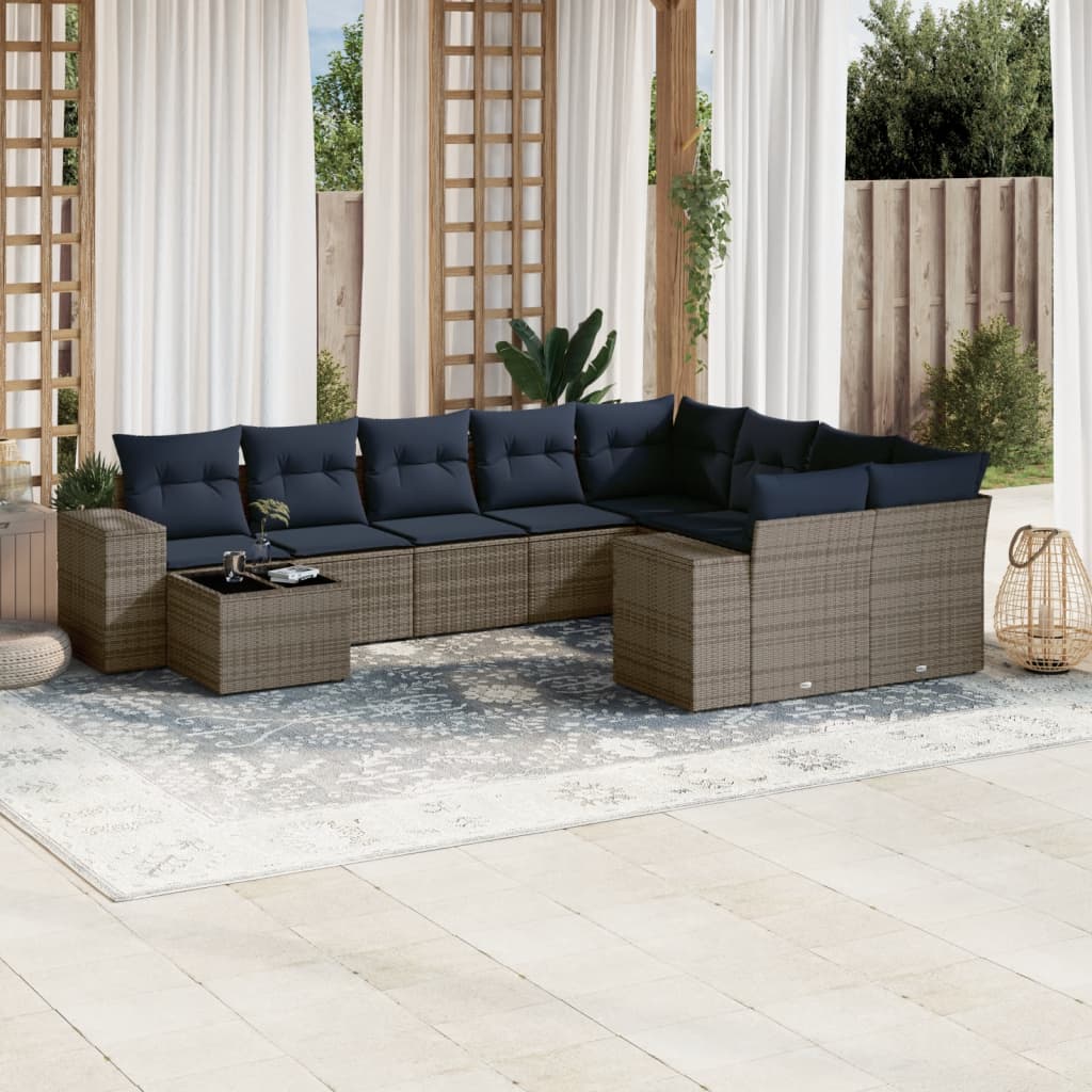 10-delige tuinbankset met kussens, grijs polyrotan – afbeelding 1