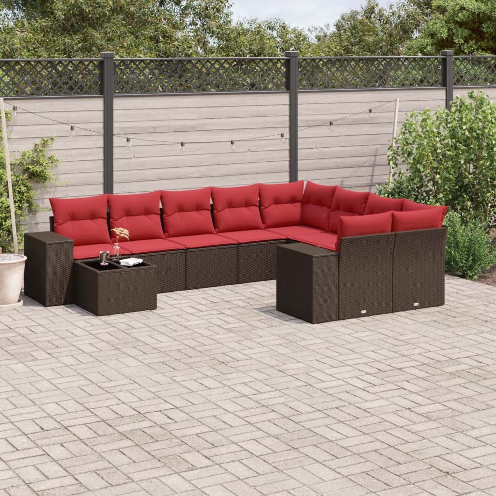 10-delige tuinbankset met kussens, bruin polyrotan – afbeelding 1