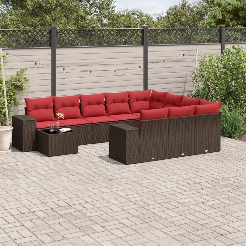11-delige tuinbankset met kussens, bruin polyrotan