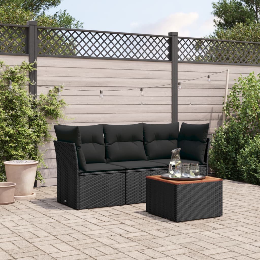 4-delige Loungeset met kussens poly rattan zwart – afbeelding 1