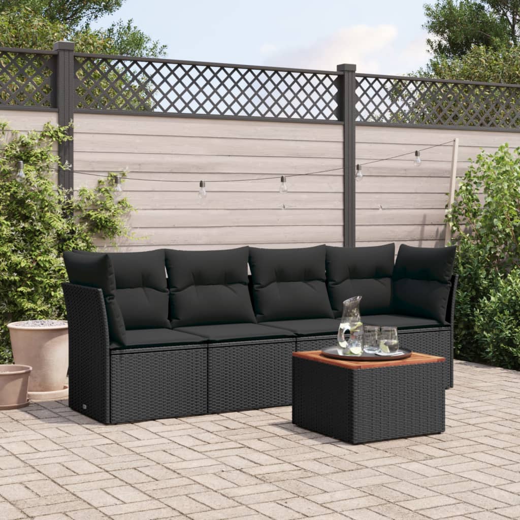5-delige Loungeset met kussens poly rattan zwart – afbeelding 1