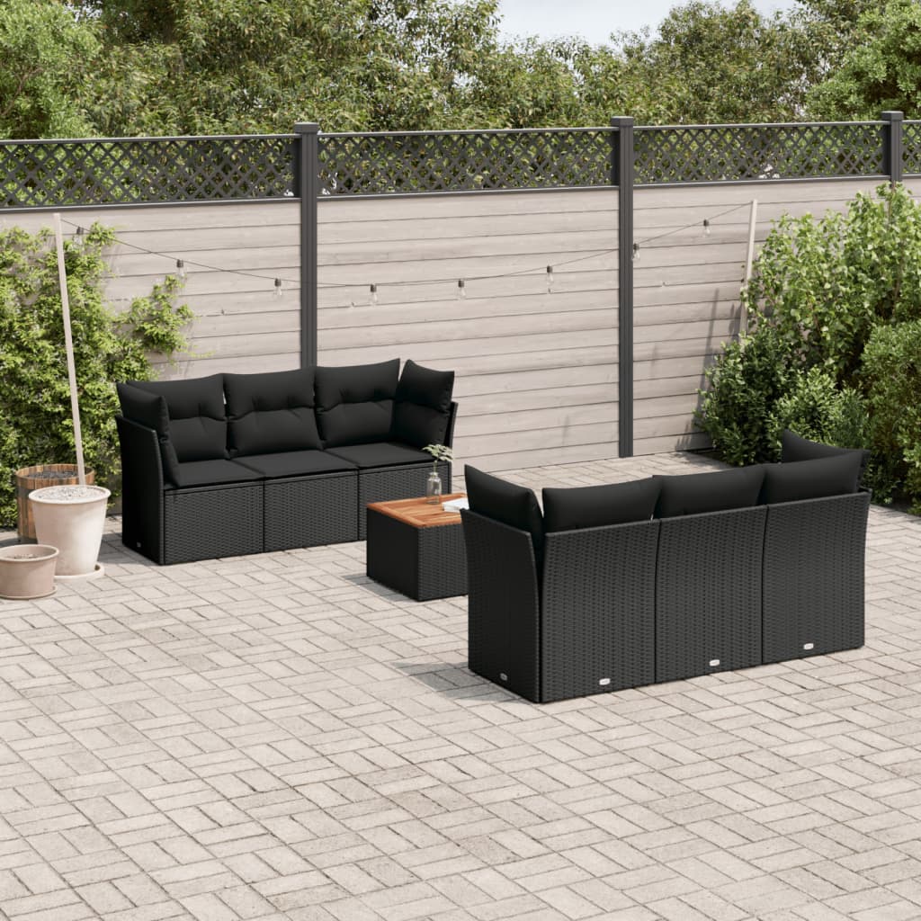 7-delige Loungeset met kussens poly rattan zwart – afbeelding 1