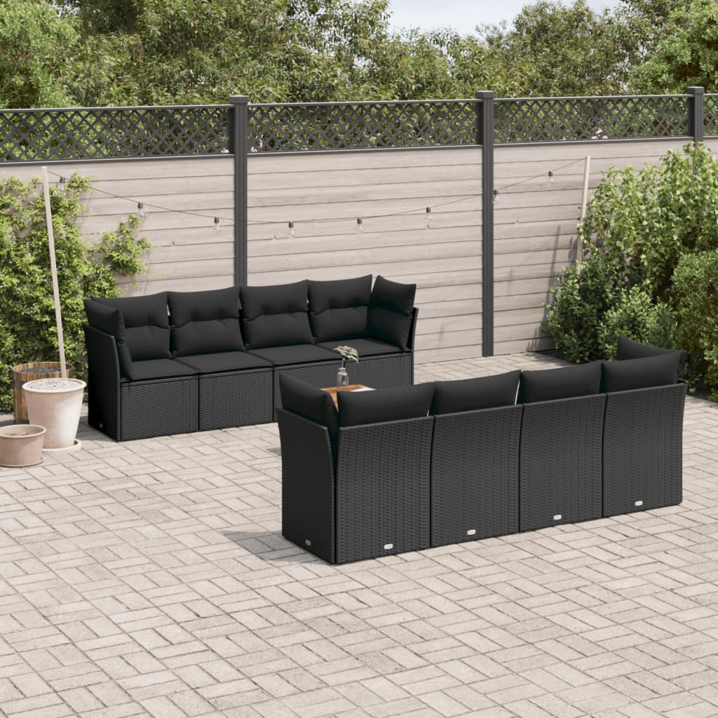 9-delige Loungeset met kussens poly rattan zwart – afbeelding 1