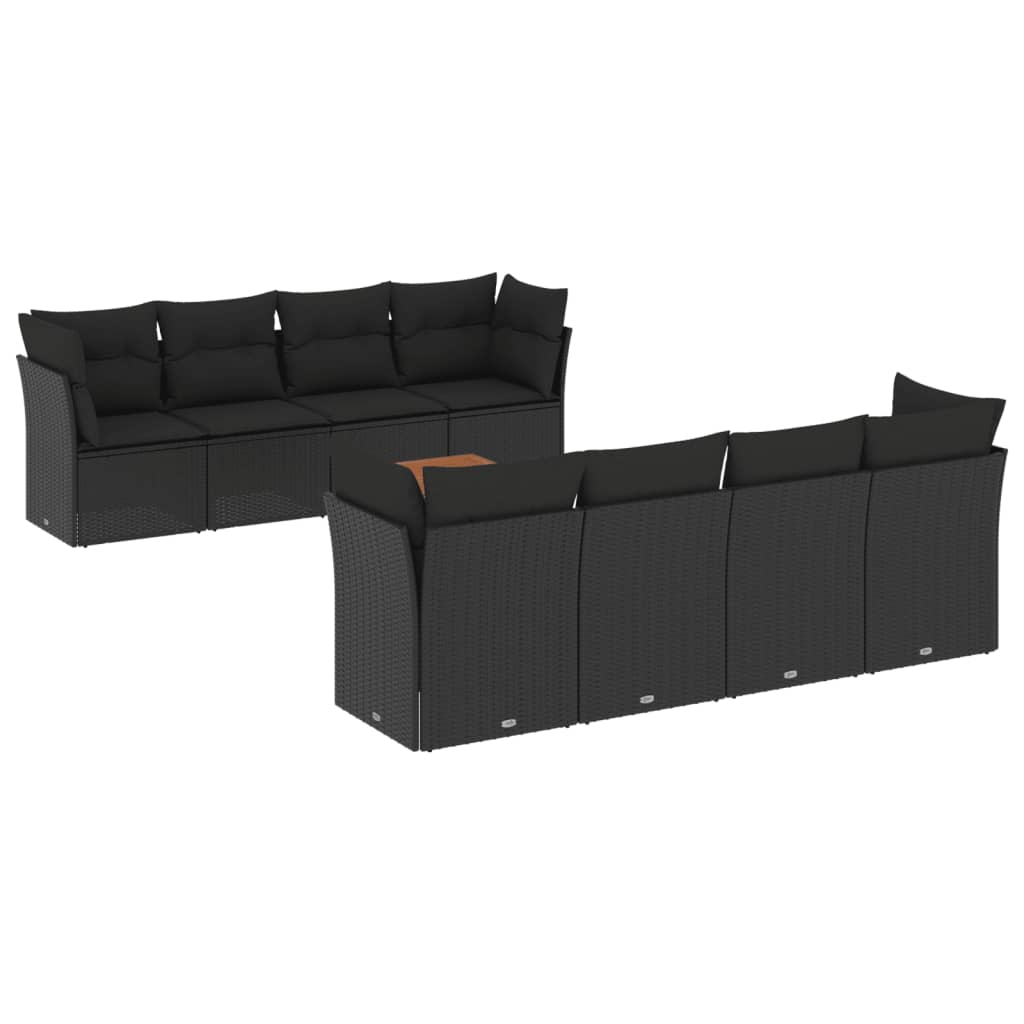 9-delige Loungeset met kussens poly rattan zwart – afbeelding 2