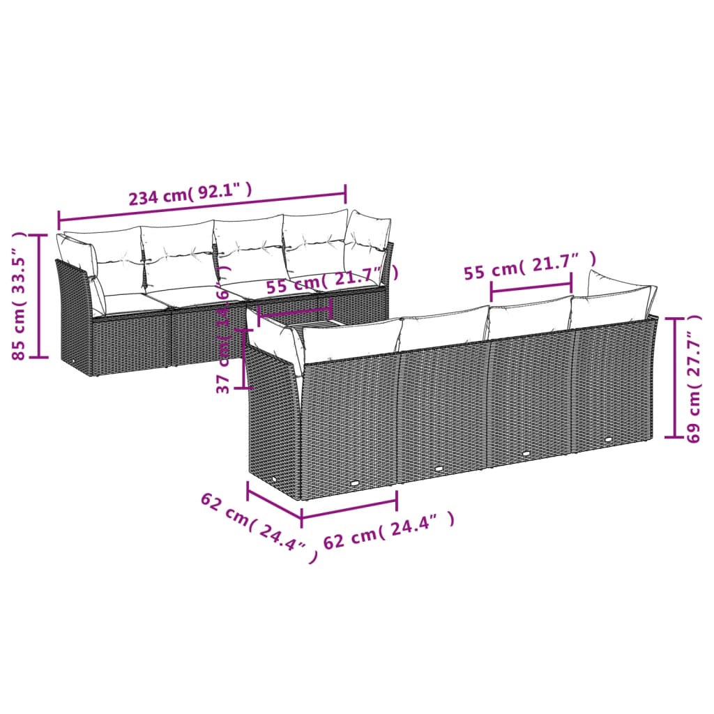 9-delige Loungeset met kussens poly rattan zwart – afbeelding 3