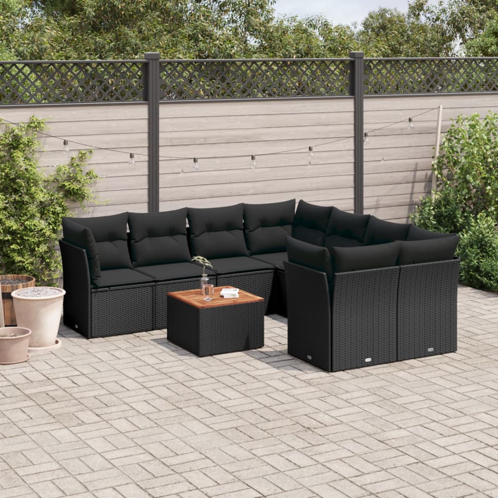 9-delige Loungeset met kussens poly rattan zwart – afbeelding 1