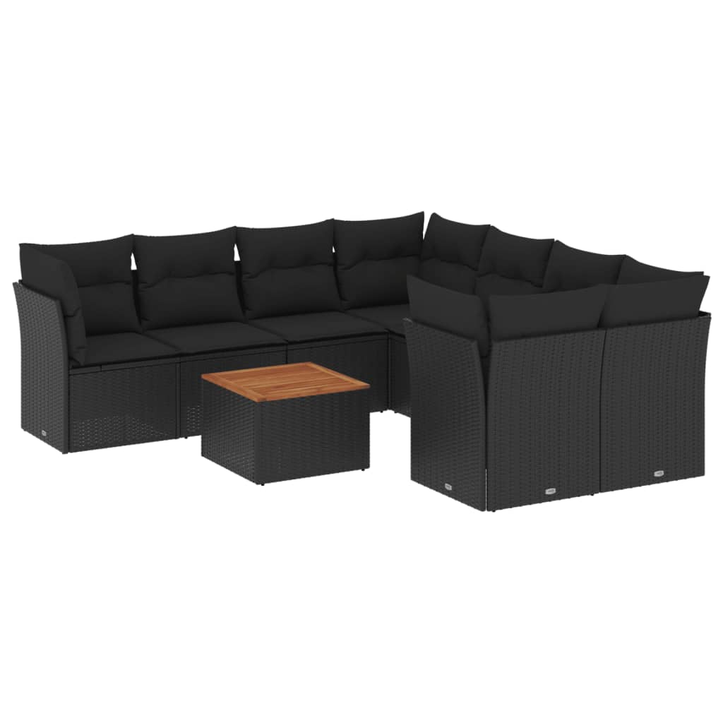 9-delige Loungeset met kussens poly rattan zwart – afbeelding 2