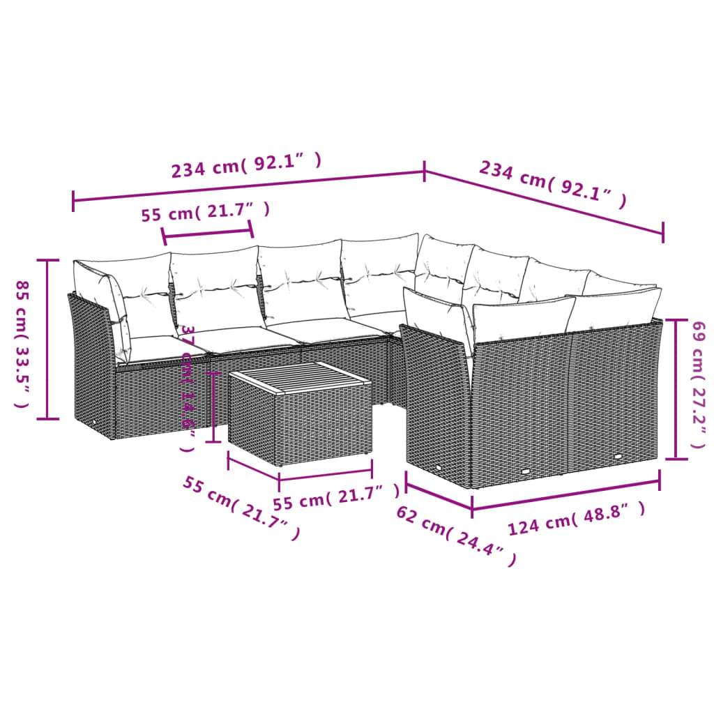9-delige Loungeset met kussens poly rattan zwart – afbeelding 3