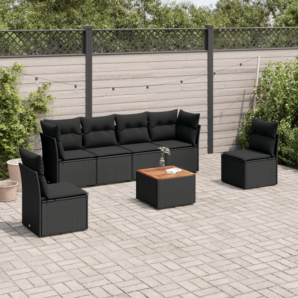 7-delige Loungeset met kussens poly rattan zwart – afbeelding 1