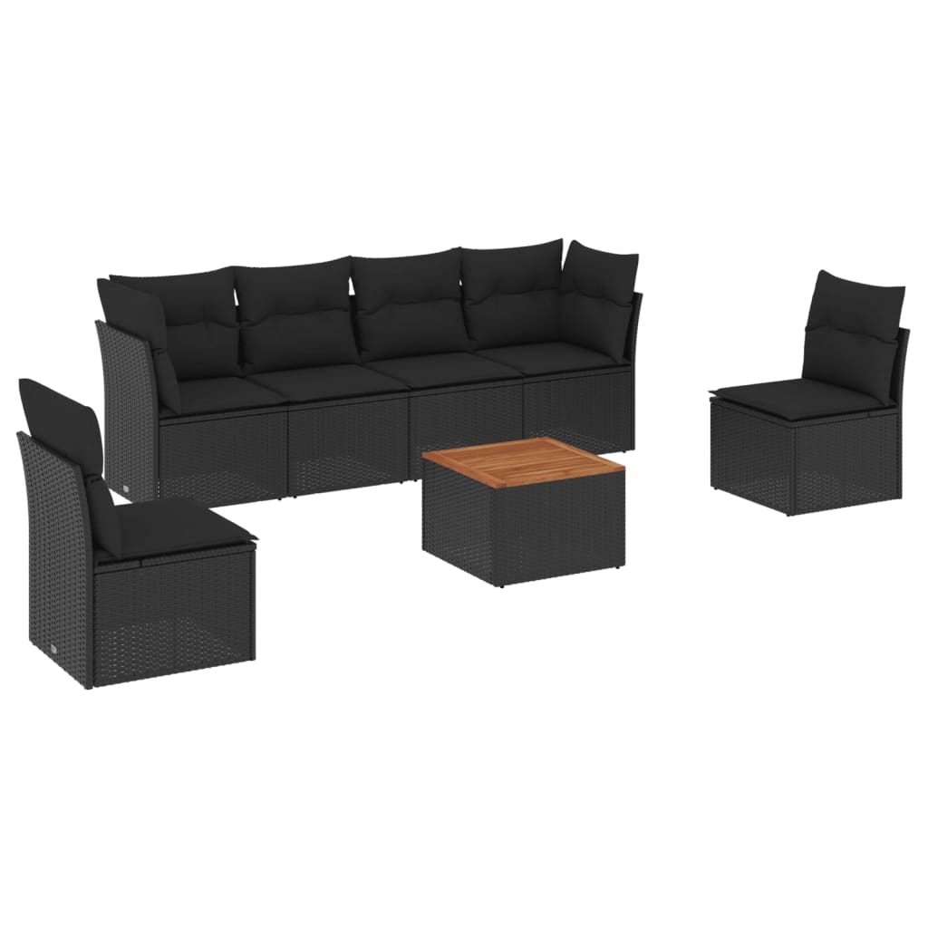 7-delige Loungeset met kussens poly rattan zwart – afbeelding 2