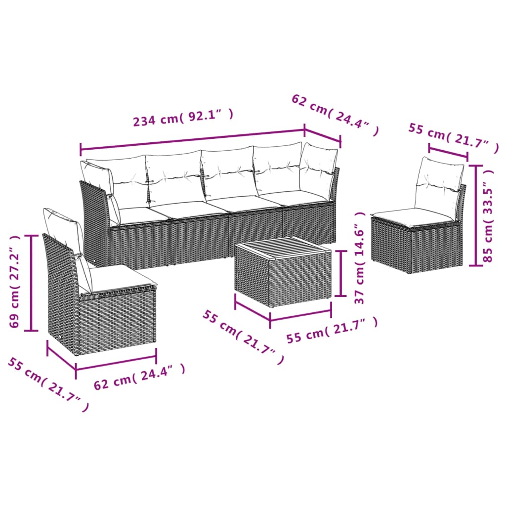 7-delige Loungeset met kussens poly rattan zwart – afbeelding 3