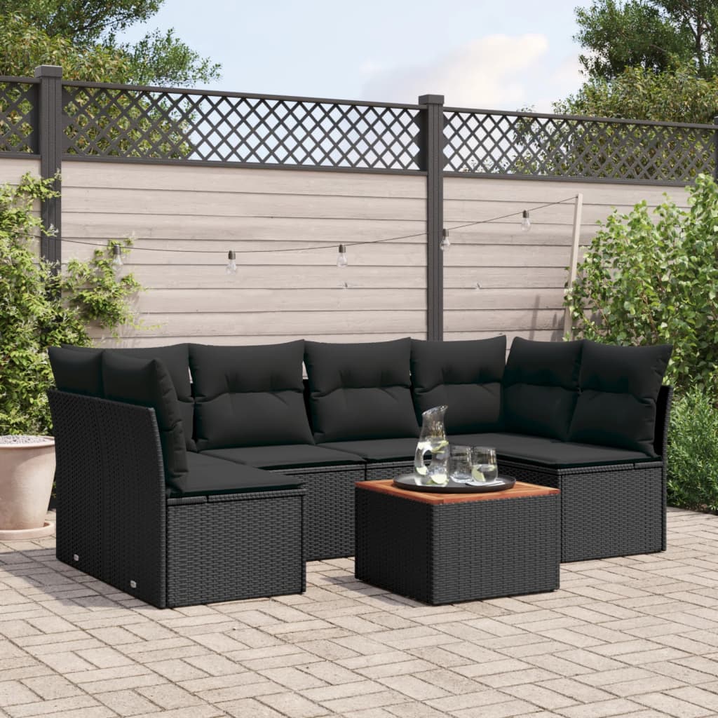 7-delige Loungeset met kussens poly rattan zwart – afbeelding 1