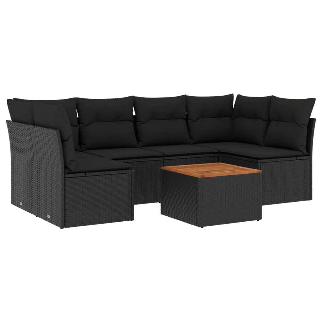 7-delige Loungeset met kussens poly rattan zwart – afbeelding 2