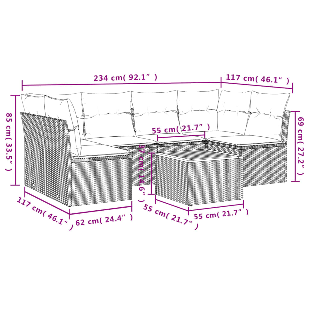 7-delige Loungeset met kussens poly rattan zwart – afbeelding 3
