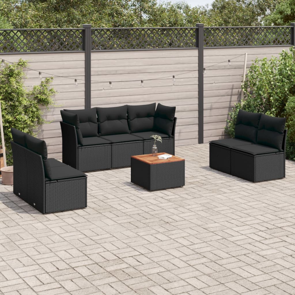 8-delige Loungeset met kussens poly rattan zwart – afbeelding 1