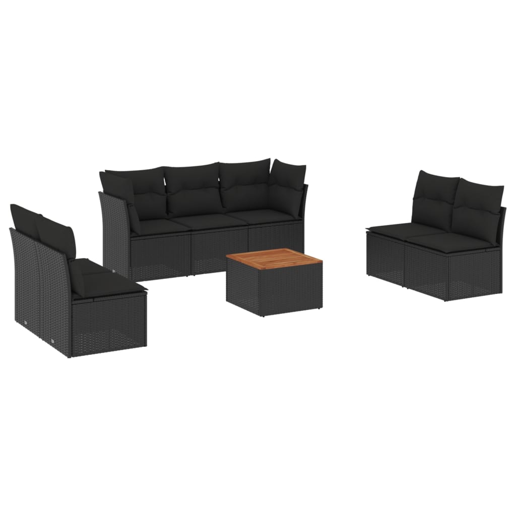 8-delige Loungeset met kussens poly rattan zwart – afbeelding 2
