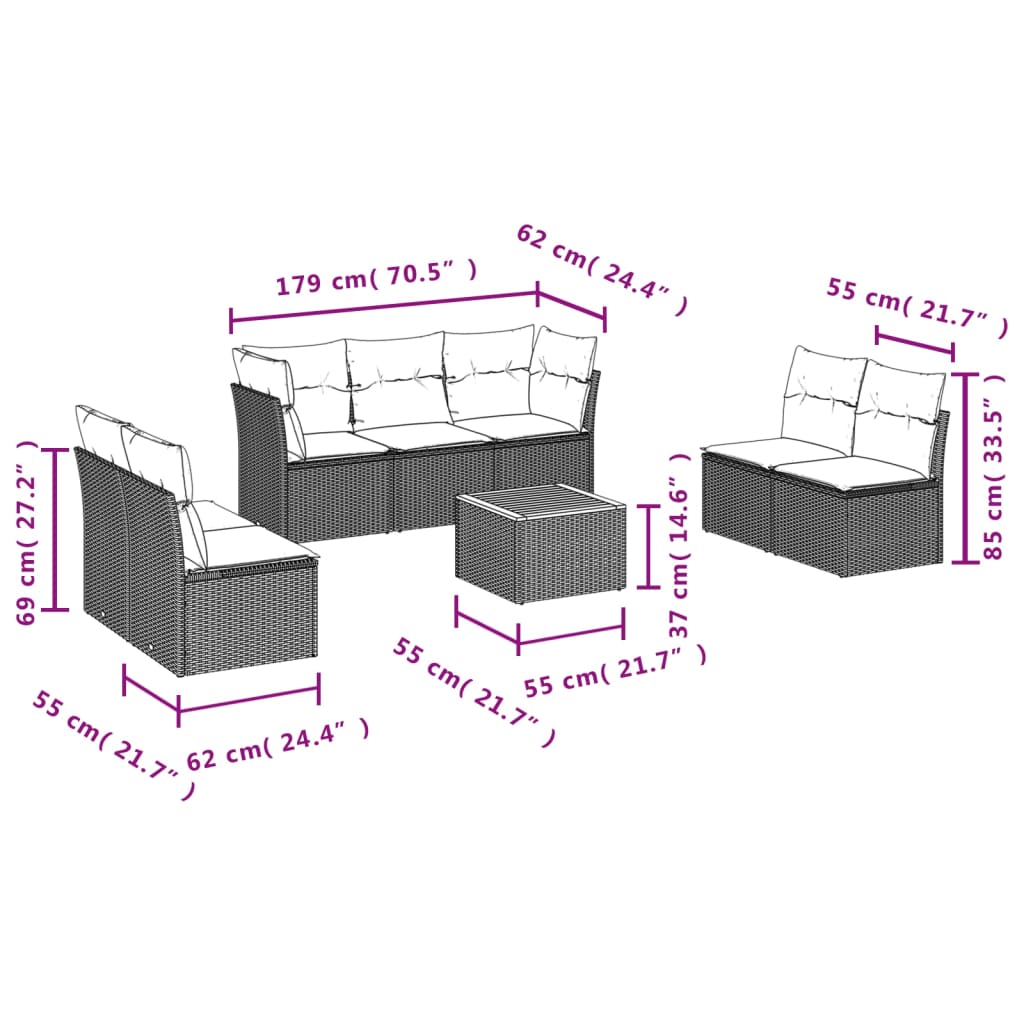 8-delige Loungeset met kussens poly rattan zwart – afbeelding 3