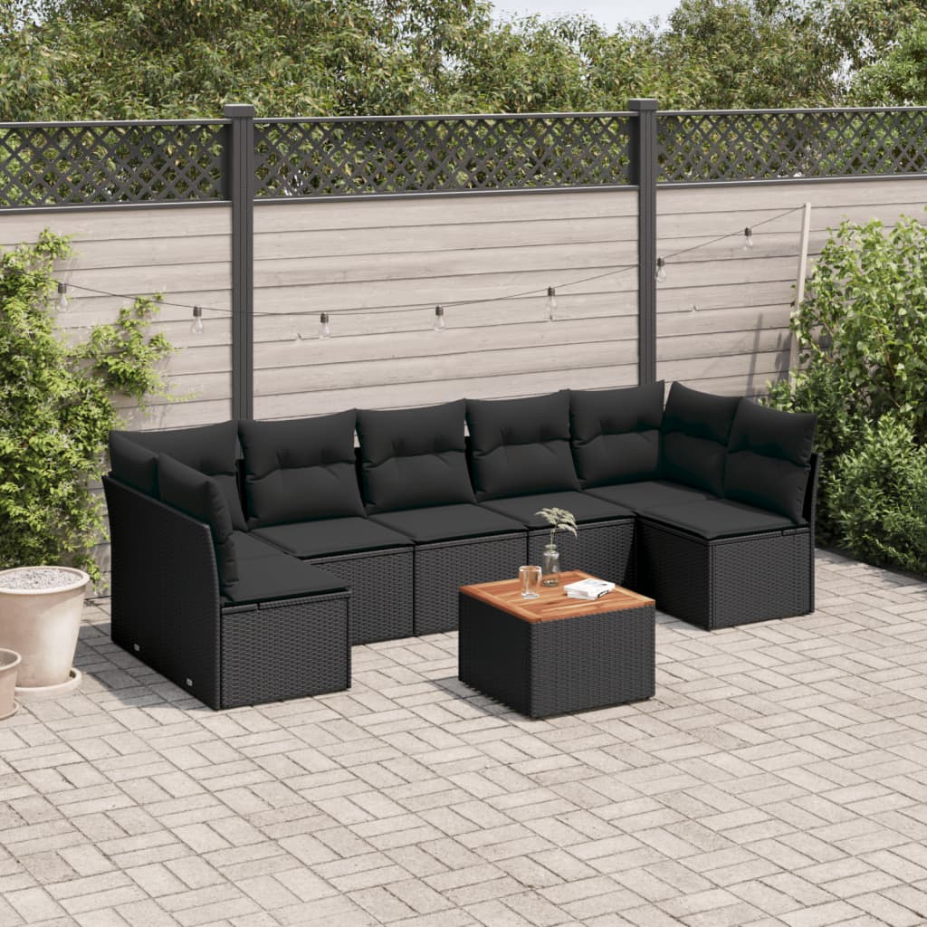 8-delige Loungeset met kussens poly rattan zwart – afbeelding 1