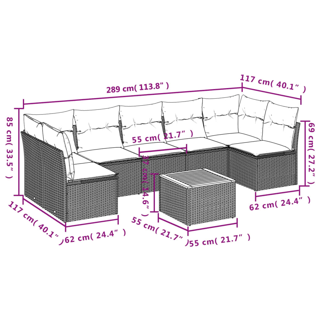 8-delige Loungeset met kussens poly rattan zwart – afbeelding 3