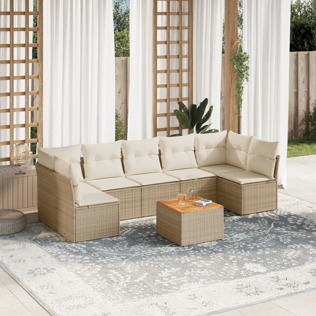 8-delige Loungeset met kussens poly rattan beige – afbeelding 1