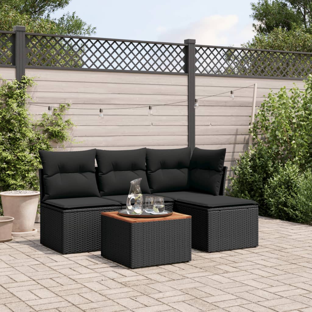 5-delige Loungeset met kussens poly rattan zwart – afbeelding 1