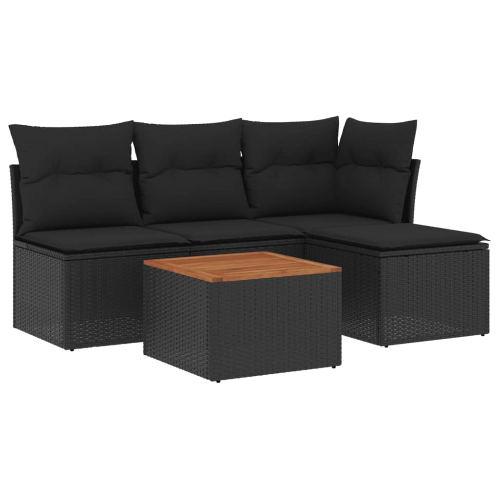 5-delige Loungeset met kussens poly rattan zwart – afbeelding 2