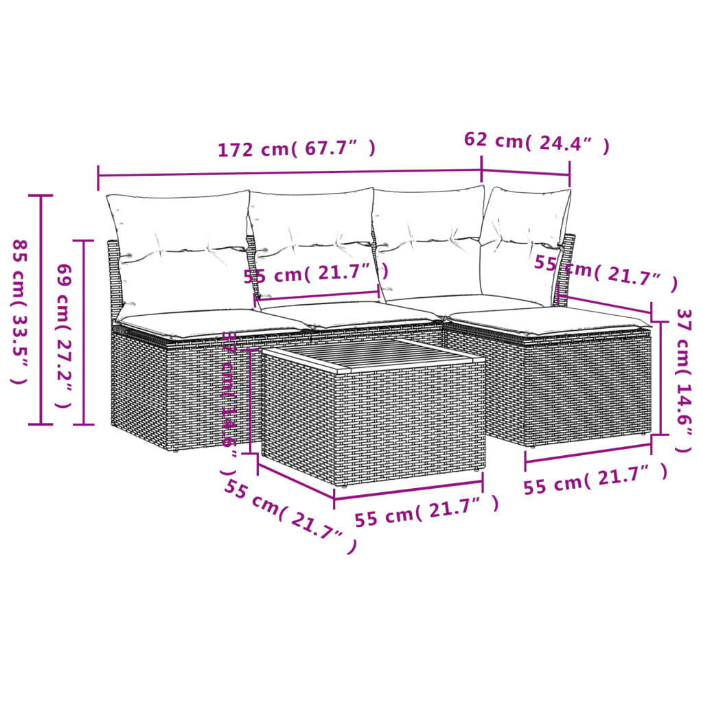 5-delige Loungeset met kussens poly rattan zwart – afbeelding 3