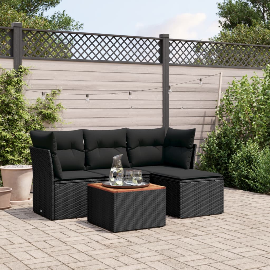 5-delige Loungeset met kussens poly rattan zwart – afbeelding 1