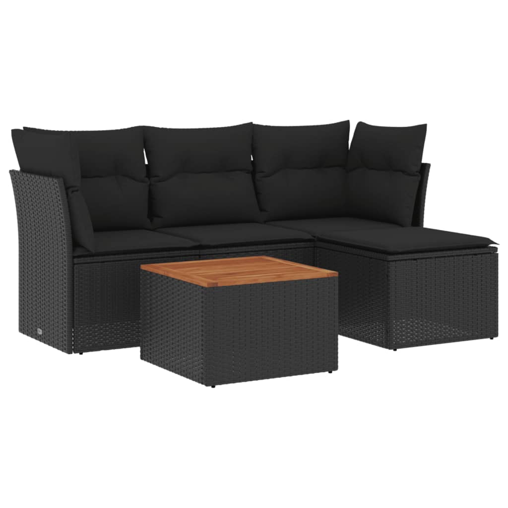 5-delige Loungeset met kussens poly rattan zwart – afbeelding 2