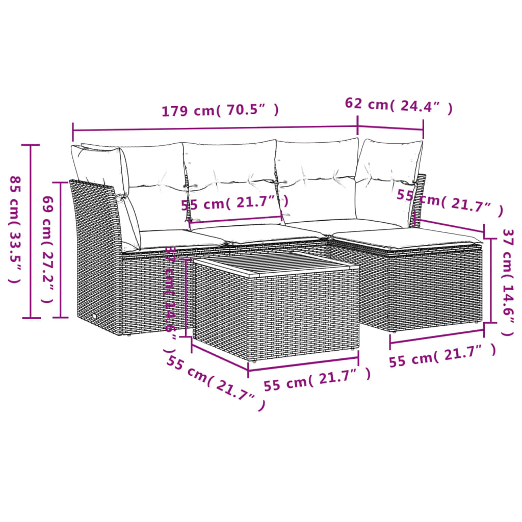 5-delige Loungeset met kussens poly rattan zwart – afbeelding 3