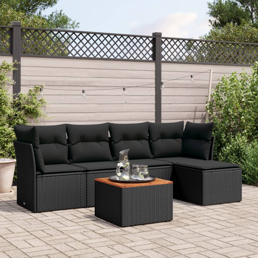 6-delige Loungeset met kussens poly rattan zwart – afbeelding 1