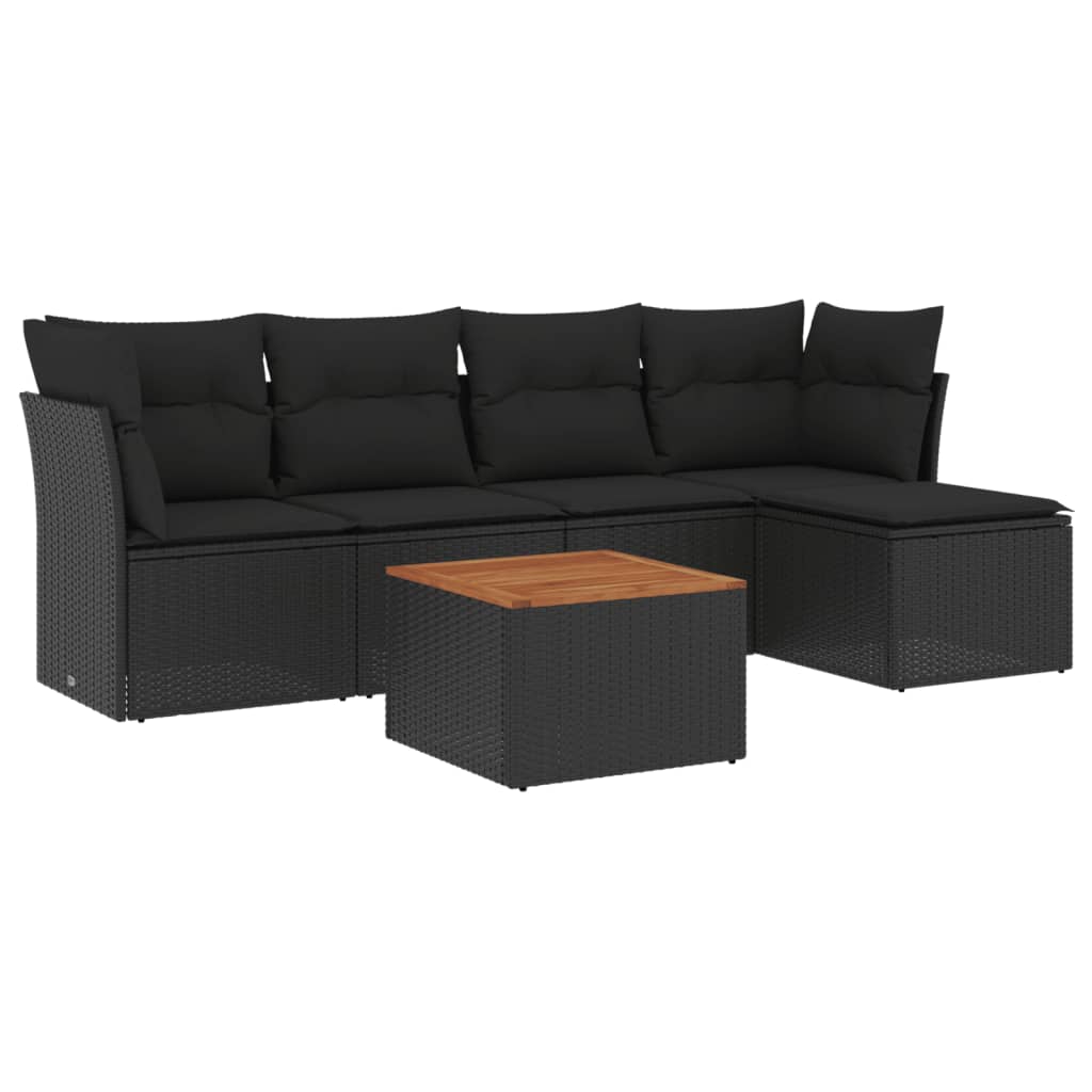 6-delige Loungeset met kussens poly rattan zwart – afbeelding 2