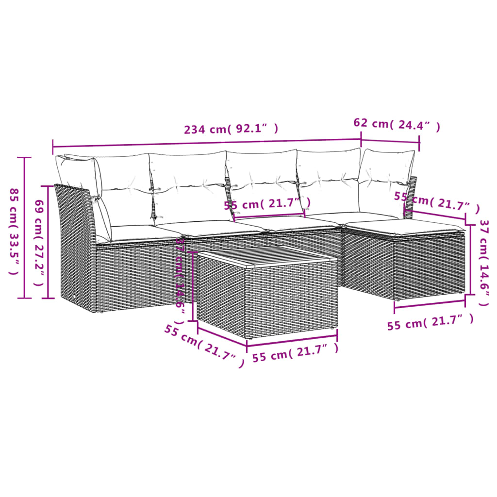 6-delige Loungeset met kussens poly rattan zwart – afbeelding 3