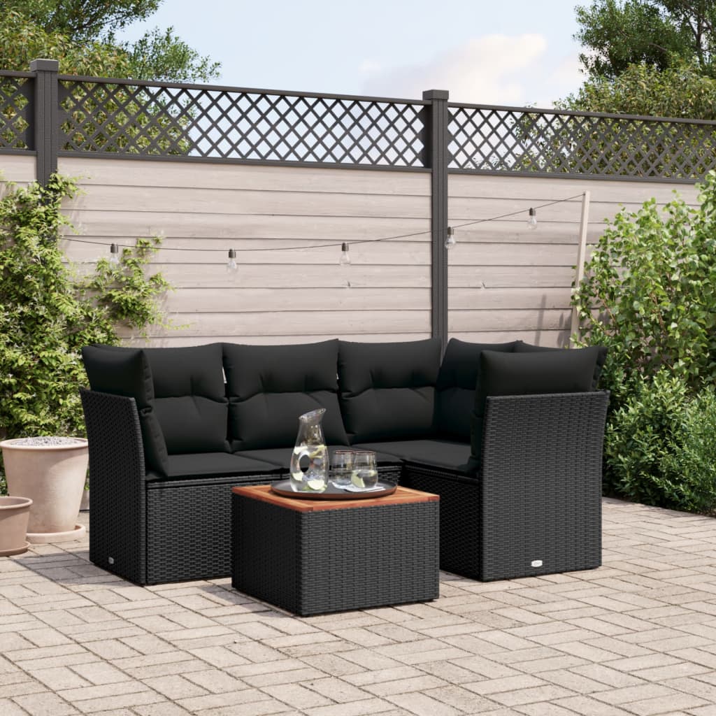 5-delige Loungeset met kussens poly rattan zwart – afbeelding 1