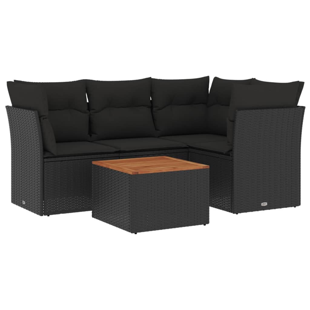 5-delige Loungeset met kussens poly rattan zwart – afbeelding 2