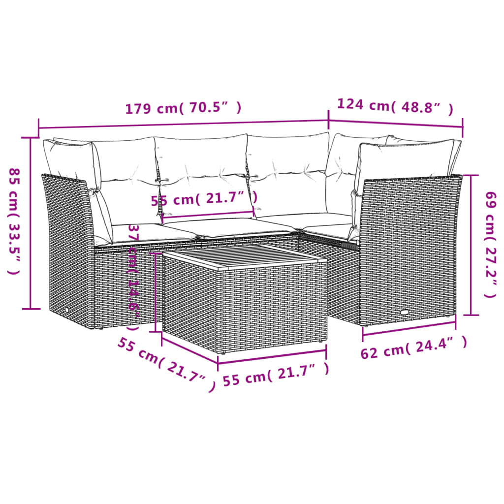 5-delige Loungeset met kussens poly rattan zwart – afbeelding 3