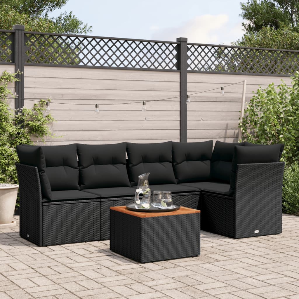 6-delige Loungeset met kussens poly rattan zwart – afbeelding 1