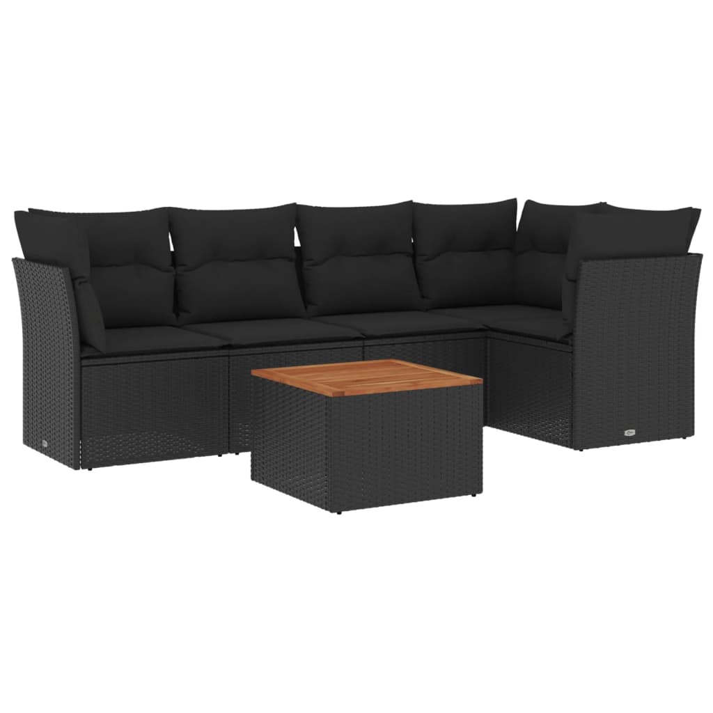 6-delige Loungeset met kussens poly rattan zwart – afbeelding 2