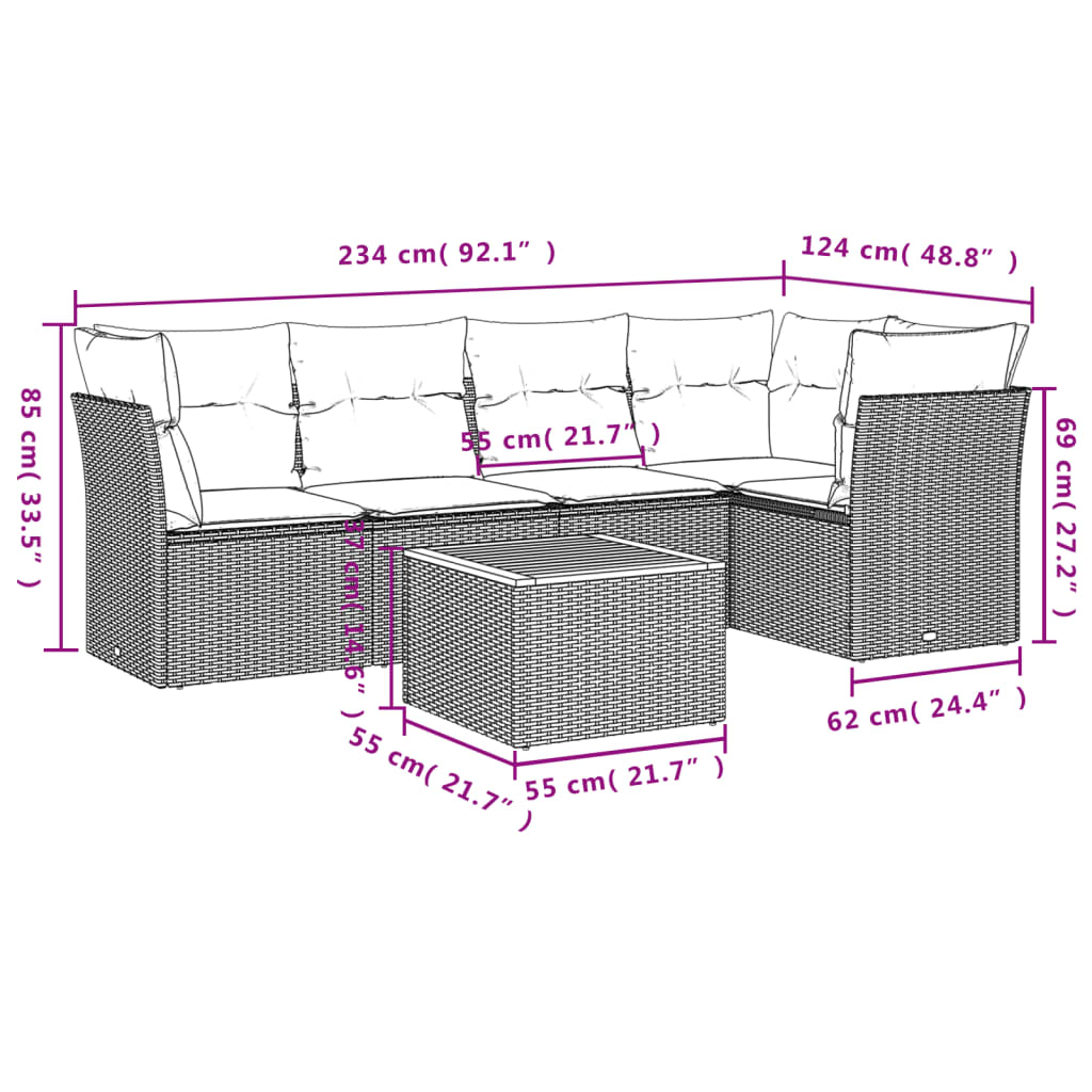6-delige Loungeset met kussens poly rattan zwart – afbeelding 3