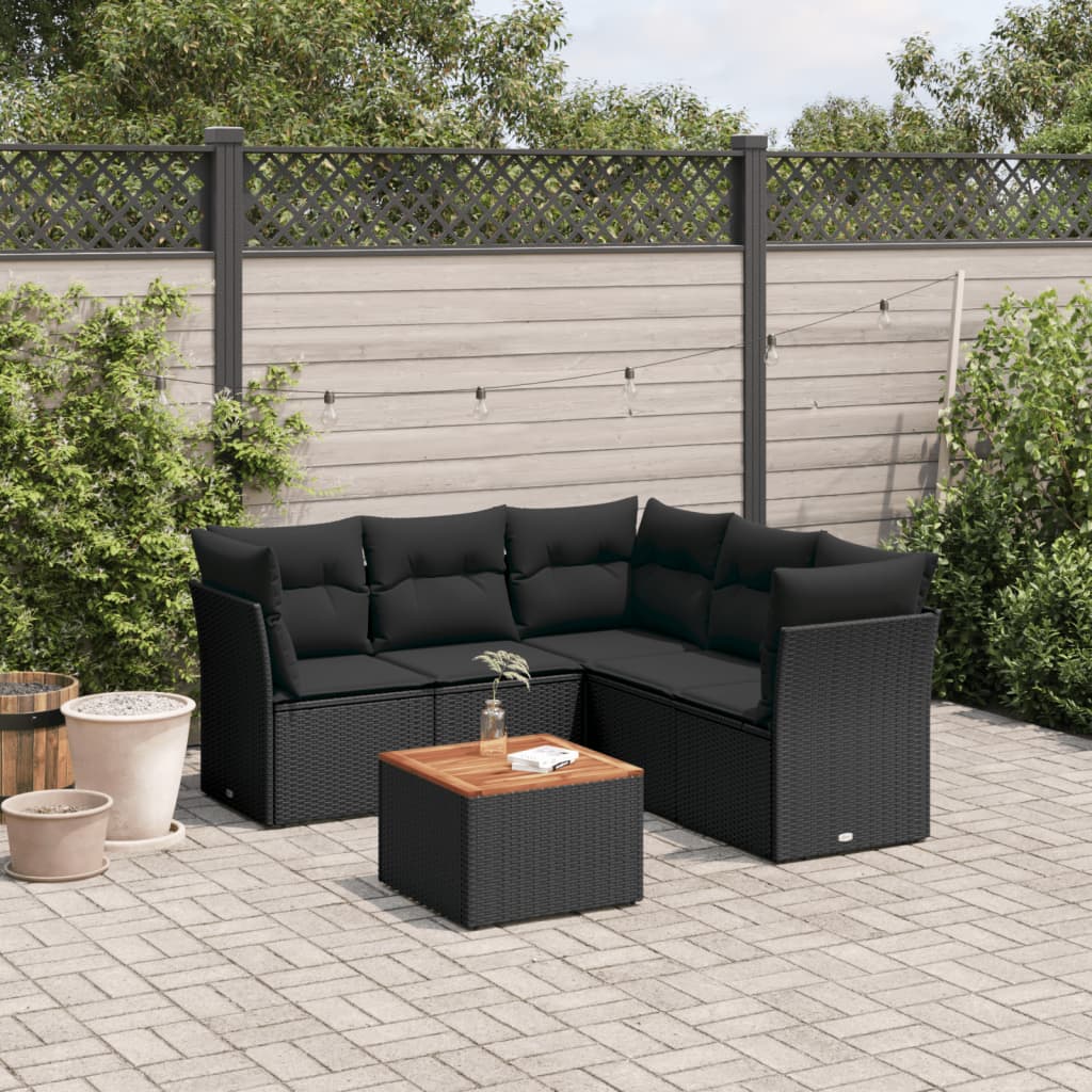 6-delige Loungeset met kussens poly rattan zwart – afbeelding 1