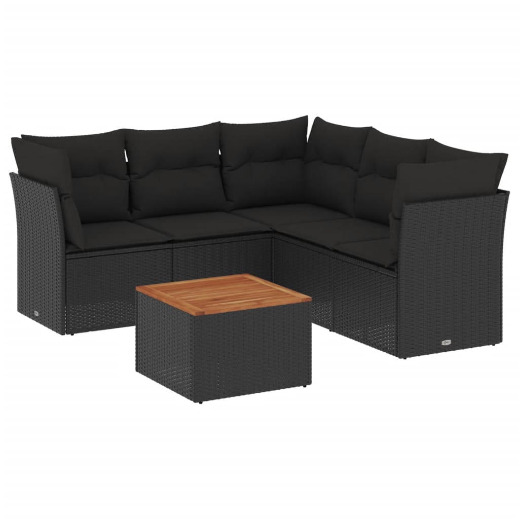 6-delige Loungeset met kussens poly rattan zwart – afbeelding 2