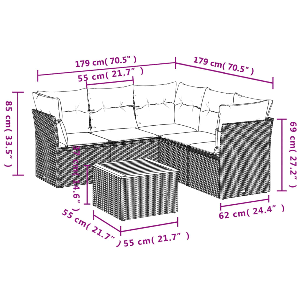 6-delige Loungeset met kussens poly rattan zwart – afbeelding 3