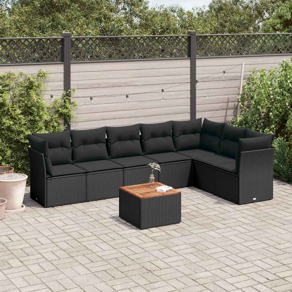 8-delige Loungeset met kussens poly rattan zwart – afbeelding 1