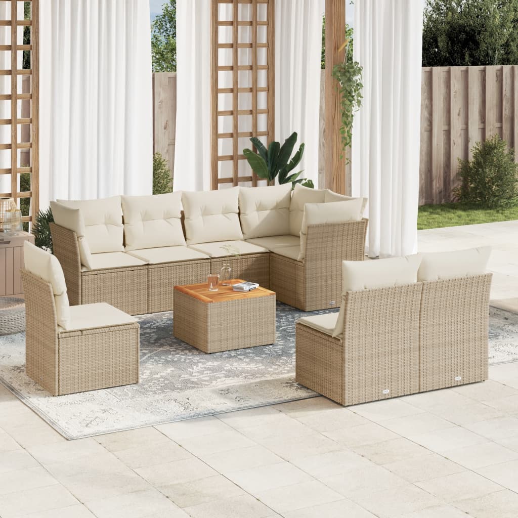 9-delige Loungeset met kussens poly rattan beige – afbeelding 1