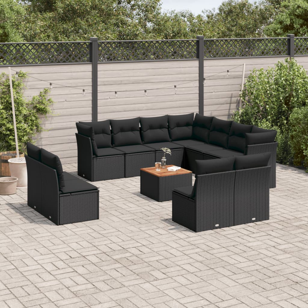 12-delige Loungeset met kussens poly rattan zwart – afbeelding 1