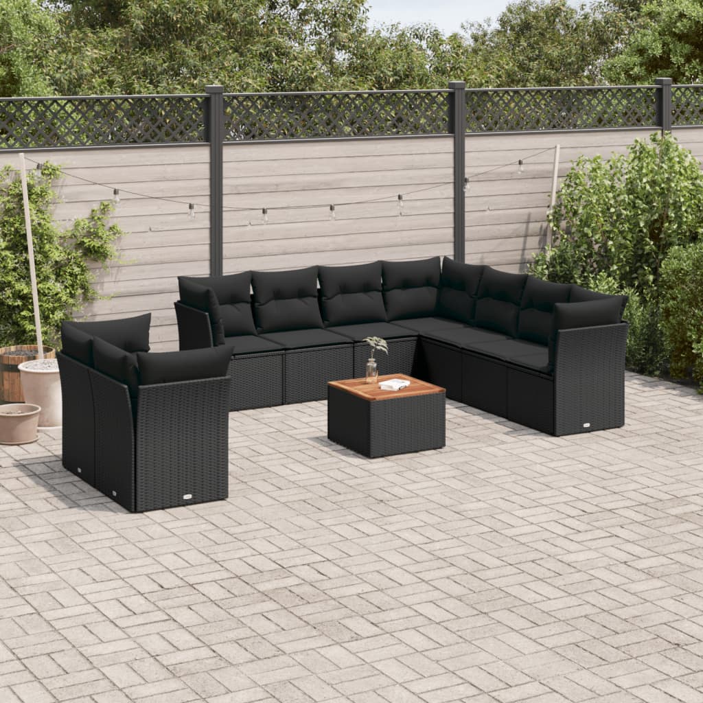 10-delige Loungeset met kussens poly rattan zwart – afbeelding 1