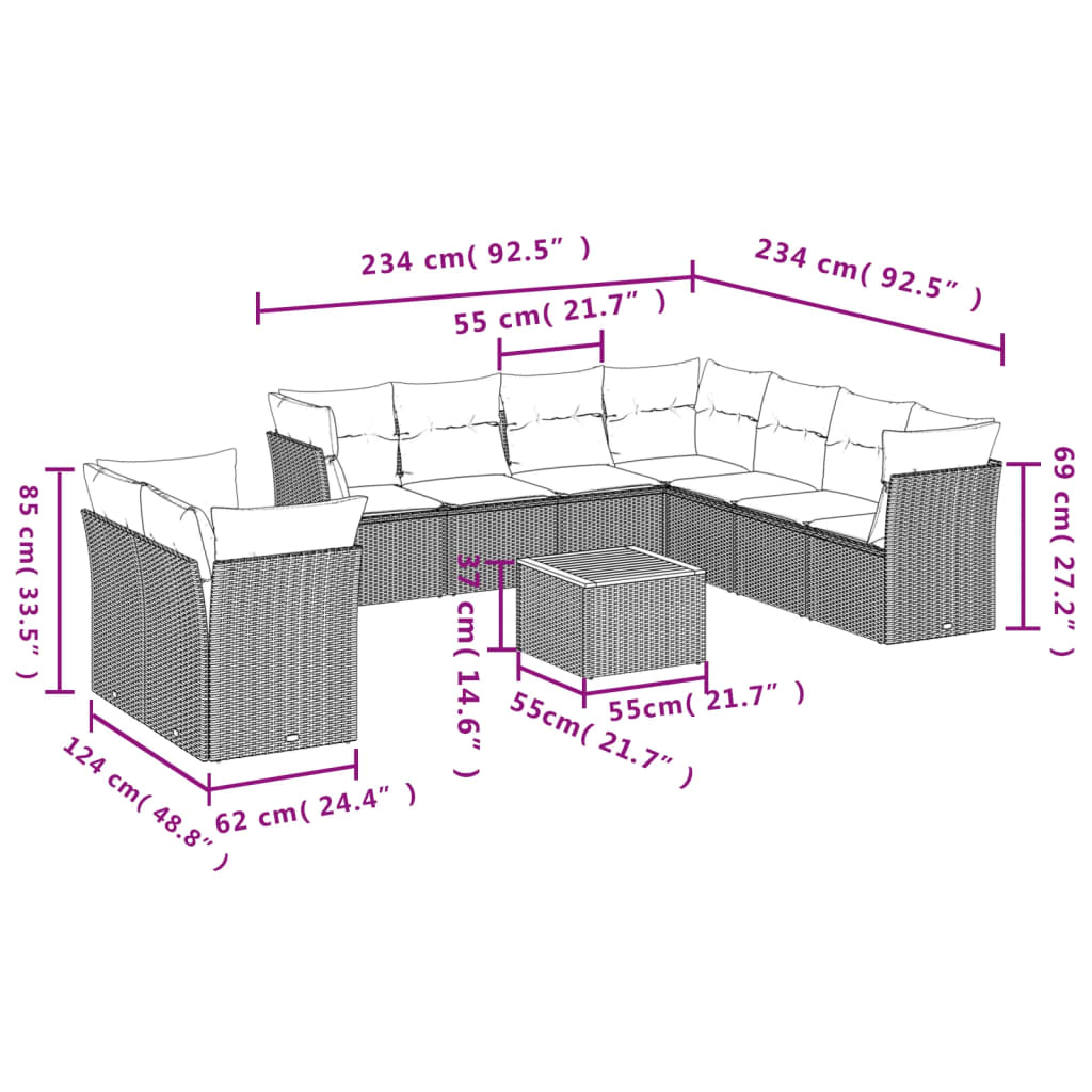 10-delige Loungeset met kussens poly rattan zwart – afbeelding 3